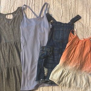 Girls Summer Bundle: Size Medium. Two Dresses, Shorts Overalls & Ombre Top